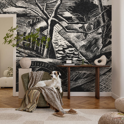 Fototapet 3D pentru dormitor cu motiv arhitectural în nuanţe naturale