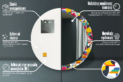 Oglinda rotunda cu rama imprimata Păsări tropicale geometrice