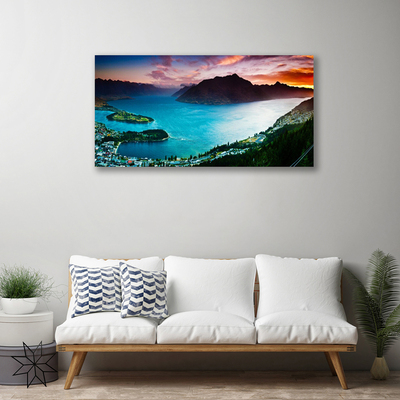 Tablou pe panza canvas Fjord Munții Peninsula Peisaj Albastru Negru Roșu
