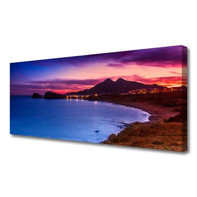 Tablou pe panza canvas Marea Munți Beach Peisaj Albastru Maro Roz Violet