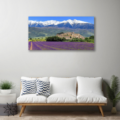 Tablou pe panza canvas Luncă Munții Flori Peisaj Violet Verde Albastru Alb