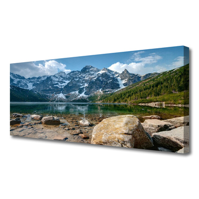 Tablou pe panza canvas Mountain Lake Stones Peisaj Gri Albastru Verde Alb