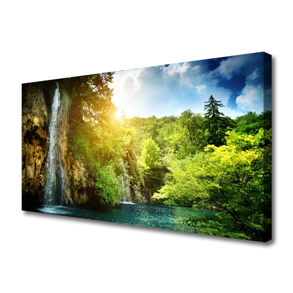Tablou pe panza canvas Cascada Copaci Peisaj Albastru Alb Verde Maro