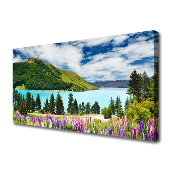 Tablou pe panza canvas Mountain Forest Meadow Lake Peisaj Verde Albastru Violet Roz