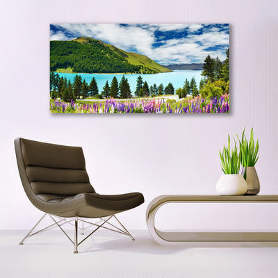 Tablou pe panza canvas Mountain Forest Meadow Lake Peisaj Verde Albastru Violet Roz