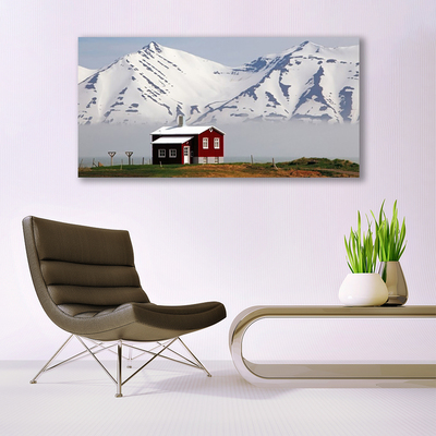 Tablou pe panza canvas Mountain House Peisaj Alb Gri Maro Verde