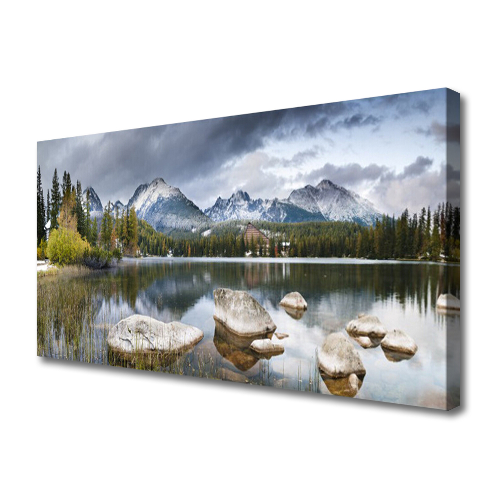 Tablou pe panza canvas Mountain Lake Forest Peisaj Gri Maro Verde