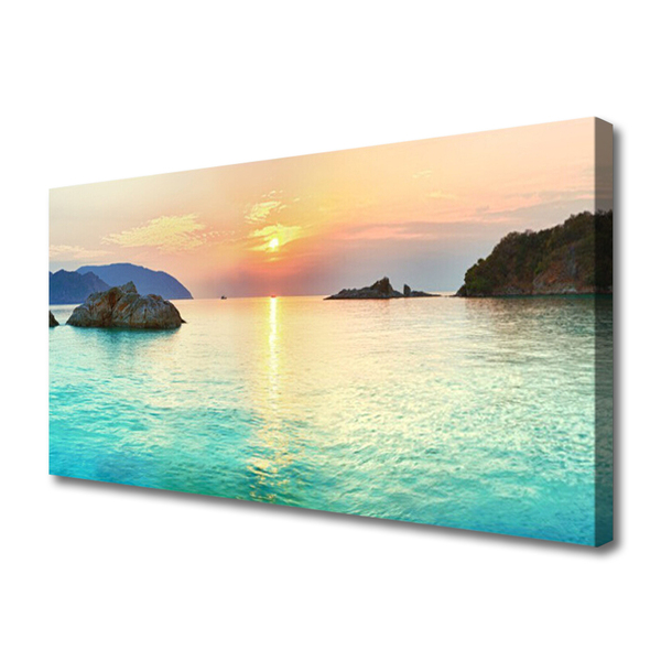 Tablou pe panza canvas Sea Sun Rocks Peisaj Galben Gri Albastru