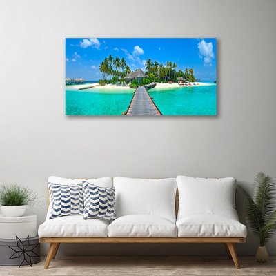 Tablou pe panza canvas Palm Beach Copaci Marea Podul Arhitectură Brun Verde Gri Albastru