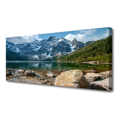 Tablou pe panza canvas Mountain Lake Forest Stones Peisaj Gri Verde Maro