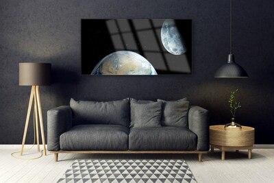 Tablou pe sticla Luna Pământ spațiu Universul Negru Albastru Gri