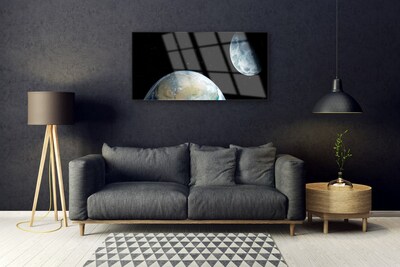 Tablou pe sticla Luna Pământ spațiu Universul Negru Albastru Gri