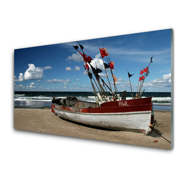 Tablou pe sticla Sea Beach Peisaj barca Albastru Roșu Alb Maro