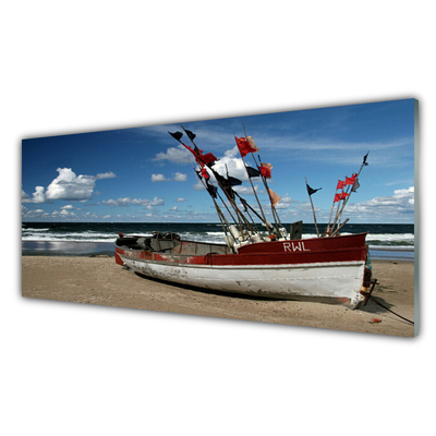 Tablou pe sticla Sea Beach Peisaj barca Albastru Roșu Alb Maro