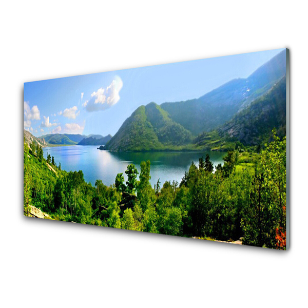 Tablou pe sticla Pădure Munți Lac Peisaj Verde Albastru