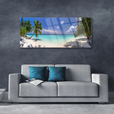 Tablou pe sticla Marea Palm Beach Copaci Peisaj Alb Albastru Verde Maro