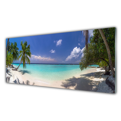 Tablou pe sticla Marea Palm Beach Copaci Peisaj Alb Albastru Verde Maro