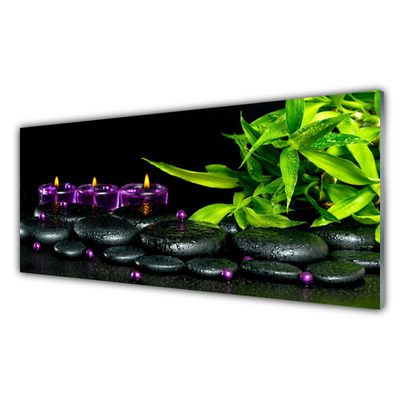 Tablou pe sticla Lumanarea Pietre Frunze Arta Negru Verde Violet