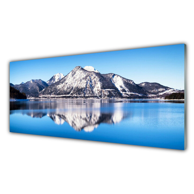 Tablou pe sticla Lacul Munții Peisaj Albastru Gri Alb