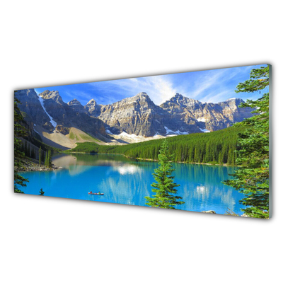 Tablou pe sticla Lac Munte Peisaj Forestier Albastru Verde Gri Alb