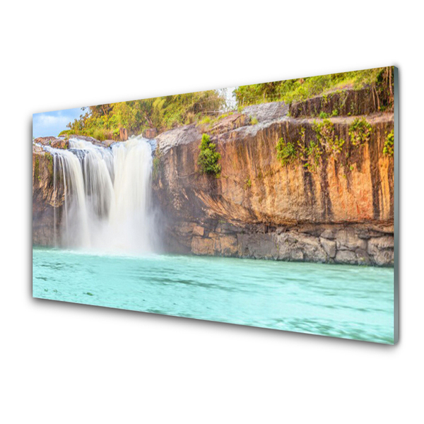 Tablou pe sticla Cascada Lacul Peisaj Albastru Alb Brun Verde