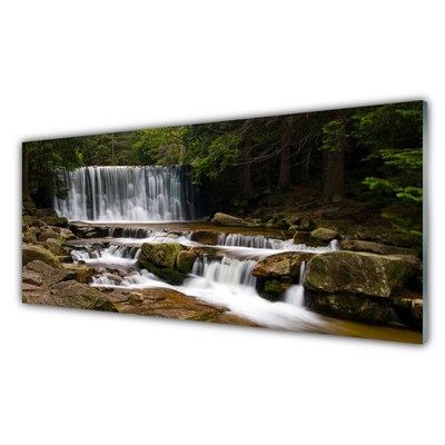 Tablou pe sticla Cascada Pădure Natura Alb Gri Maro Verde