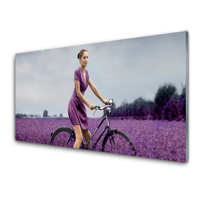 Tablouri acrilice Femeia biciclete Meadow Oameni roz
