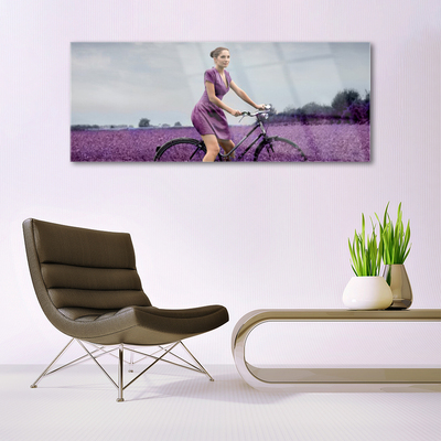 Tablouri acrilice Femeia biciclete Meadow Oameni roz