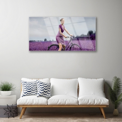 Tablouri acrilice Femeia biciclete Meadow Oameni roz