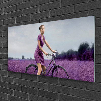 Tablouri acrilice Femeia biciclete Meadow Oameni roz