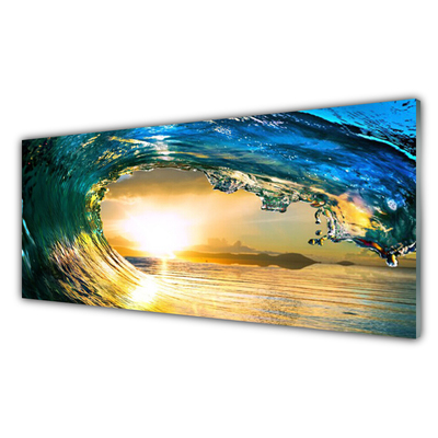 Panou sticla bucatarie Wave Sea Sunset Natura Albastru Galben