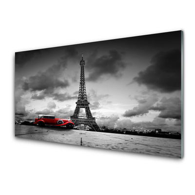 Panou sticla bucatarie Eiffelturm auto Paris Arhitectura Red Gray