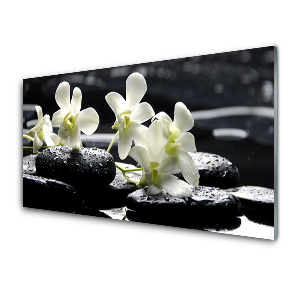 Panou sticla bucatarie Pietre florale flori alb negru