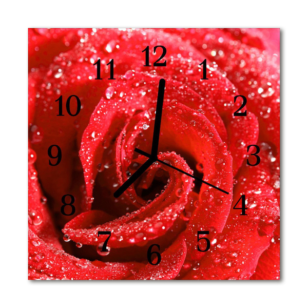 Ceas de perete din sticla pătrat Rose Flori & Plante Red