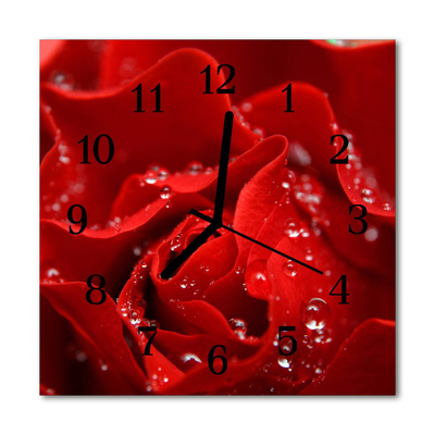 Ceas de perete din sticla pătrat Rose Flori & Plante Red