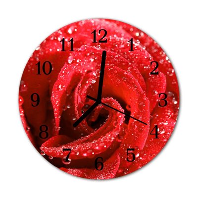Ceas de perete din sticla rotund Rose Flori & Plante Red