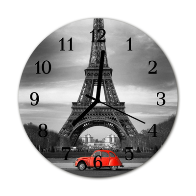 Ceas de perete din sticla rotund Turnul Eiffel mașină de oraș roșu