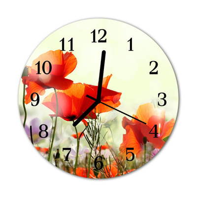 Ceas de perete din sticla rotund Maci Flori & Plante Red