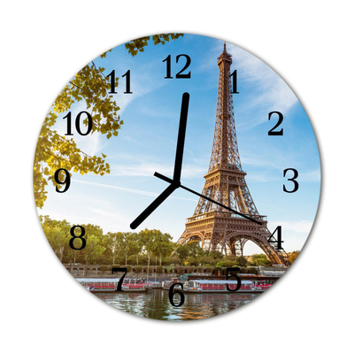 Ceas de perete din sticla rotund Turnul Eiffel Paris Brown City, Albastru