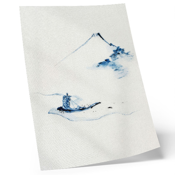 Grafică modernă pe pânză Bărbat într-o barcă mică pe un râu cu Muntele Fuji în fundal (1830–1850) de Hokusai