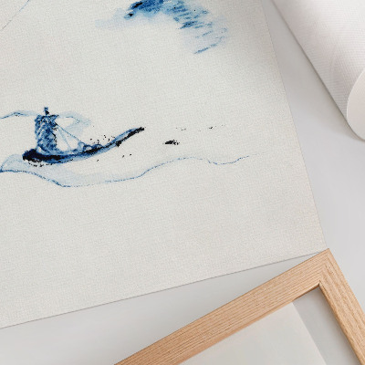 Grafică modernă pe pânză Bărbat într-o barcă mică pe un râu cu Muntele Fuji în fundal (1830–1850) de Hokusai