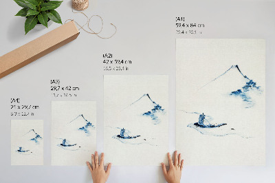 Grafică modernă pe pânză Bărbat într-o barcă mică pe un râu cu Muntele Fuji în fundal (1830–1850) de Hokusai