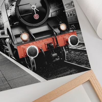 Poster rezistent pentru perete O locomotivă cu aburi puternică și clasică, alb-negru