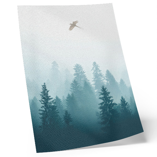 Poster rezistent pentru perete Pasăre de pădure cu ceață blândă sus deasupra copacilor