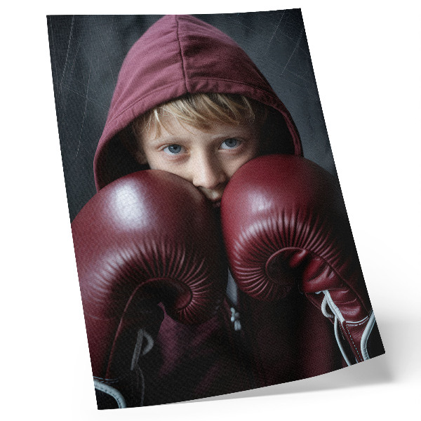 Grafică modernă pe pânză Copil într-un hanorac burgund boxer cu mănuși minimalistice
