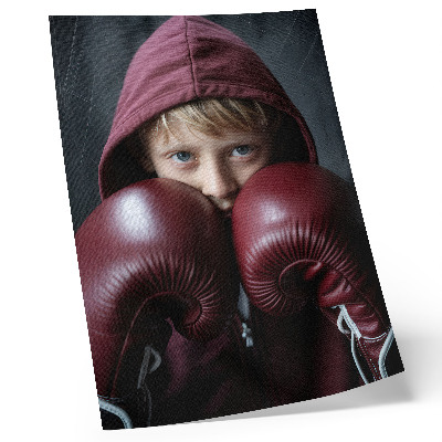 Grafică modernă pe pânză Copil într-un hanorac burgund boxer cu mănuși minimalistice