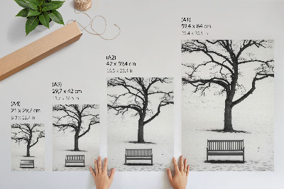 Grafică modernă pe pânză Peisaj minimalist cu un copac și o bancă