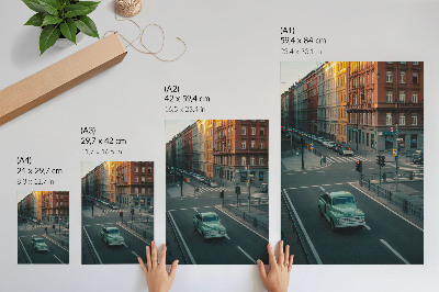 Poster rezistent pentru perete Case de locuit cu mașini retro, atmosferă de apus