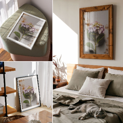 Poster rezistent pentru perete Hortensie roz frunze verzi fundal rustic