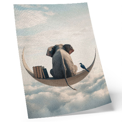 Grafică modernă pe pânză Elefant pe o semilună cu cărți în nori